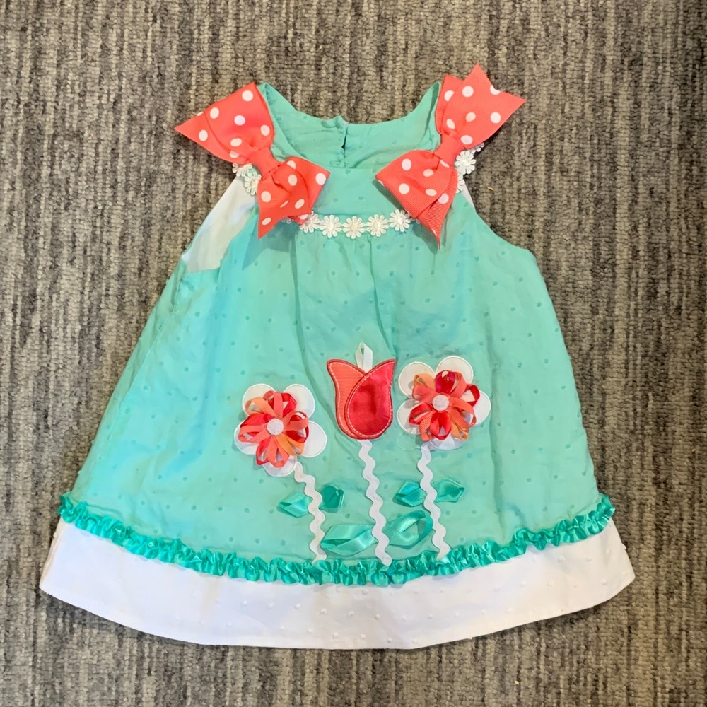 Dymes Rare Editions Floral Applique Dress Polka Dot Bows Spring Easter Baby 12M